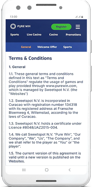 Read terms and conditions on Purewin.