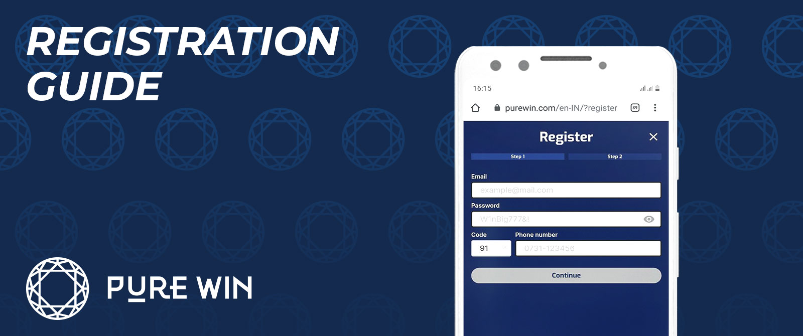 A detailed guide to registration on Purewin on a mobile device.